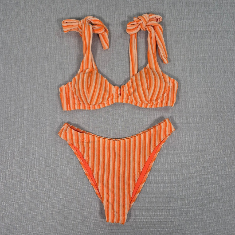 Finesatile Orange Striped Terry Underwire Bikini Set Adjustable Tie Strap Size L